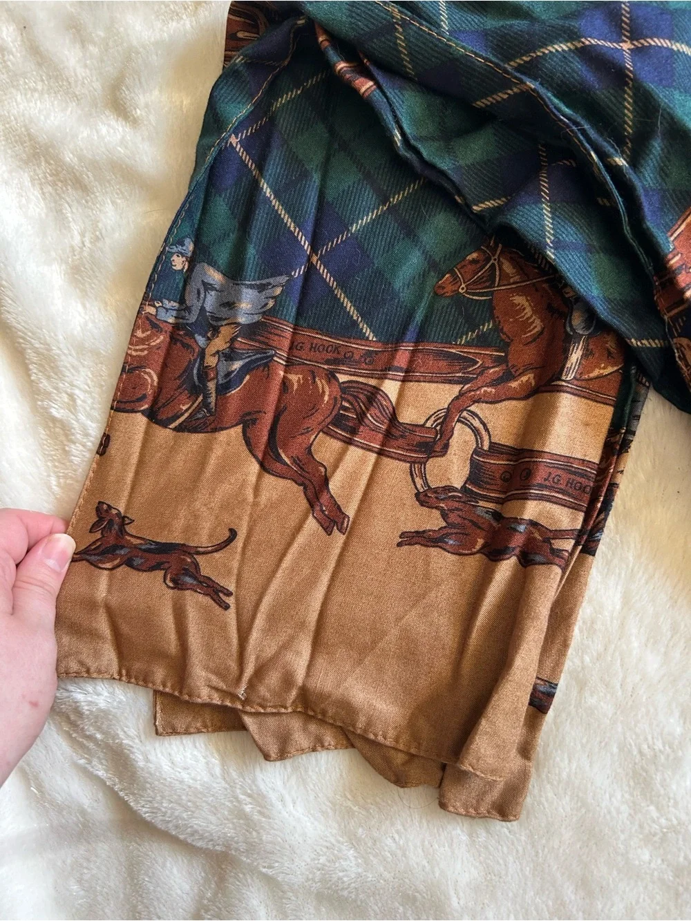 Vintage J. G. Hook equestrian blackwatch plaid rectangle scarf foxhunt
